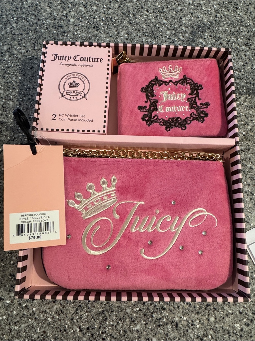 Juicy Couture Pink Suede-Look Wristlet & Coin Purse Set with Gold Chain